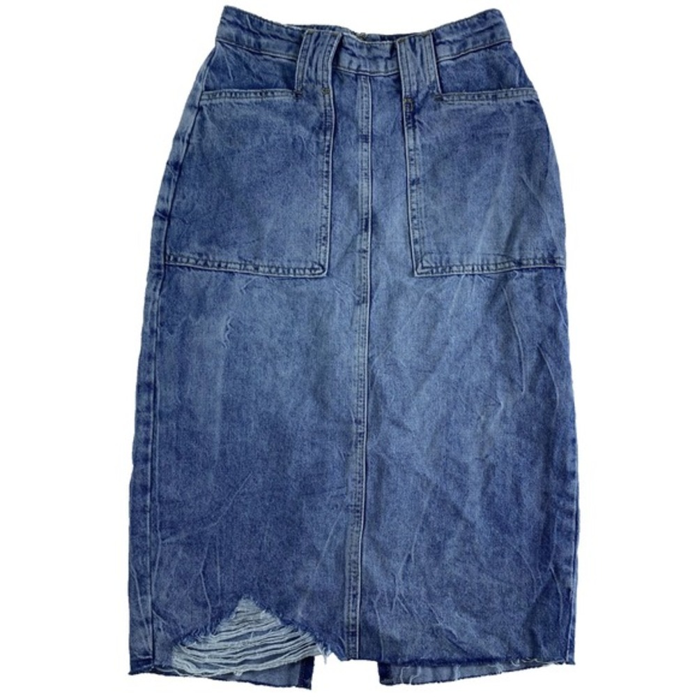 We The Free Midi Skirt Women Sz 0‎ Distressed Weathered Look Denim Lightweight